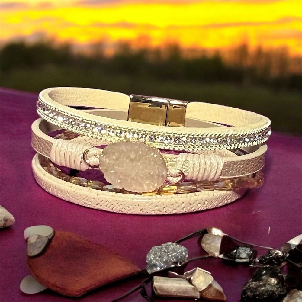 Women's Boho Multilayer Leather Bracelet w/ Ivory Druzy Stone & Magnetic…